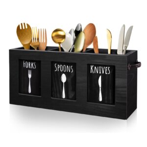 mincord wood flatware organizer, rustic utensil & silverware holder for forks, spoons, knives, farmhouse kitchen cutlery caddy bin countertop - black