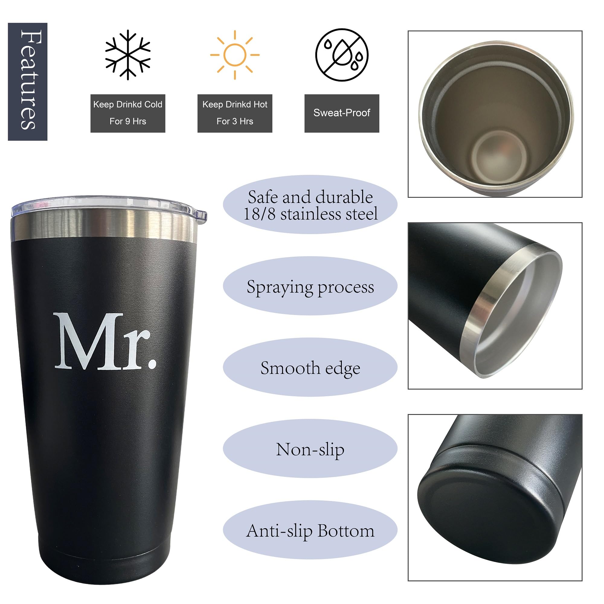 PartyGifts&beyond Mr and Mrs Cups Wedding honeymoon essential gifts 2 Pcs 20 Oz Stainless Steel Couple Tumblers for Bride and Groom (Bold)