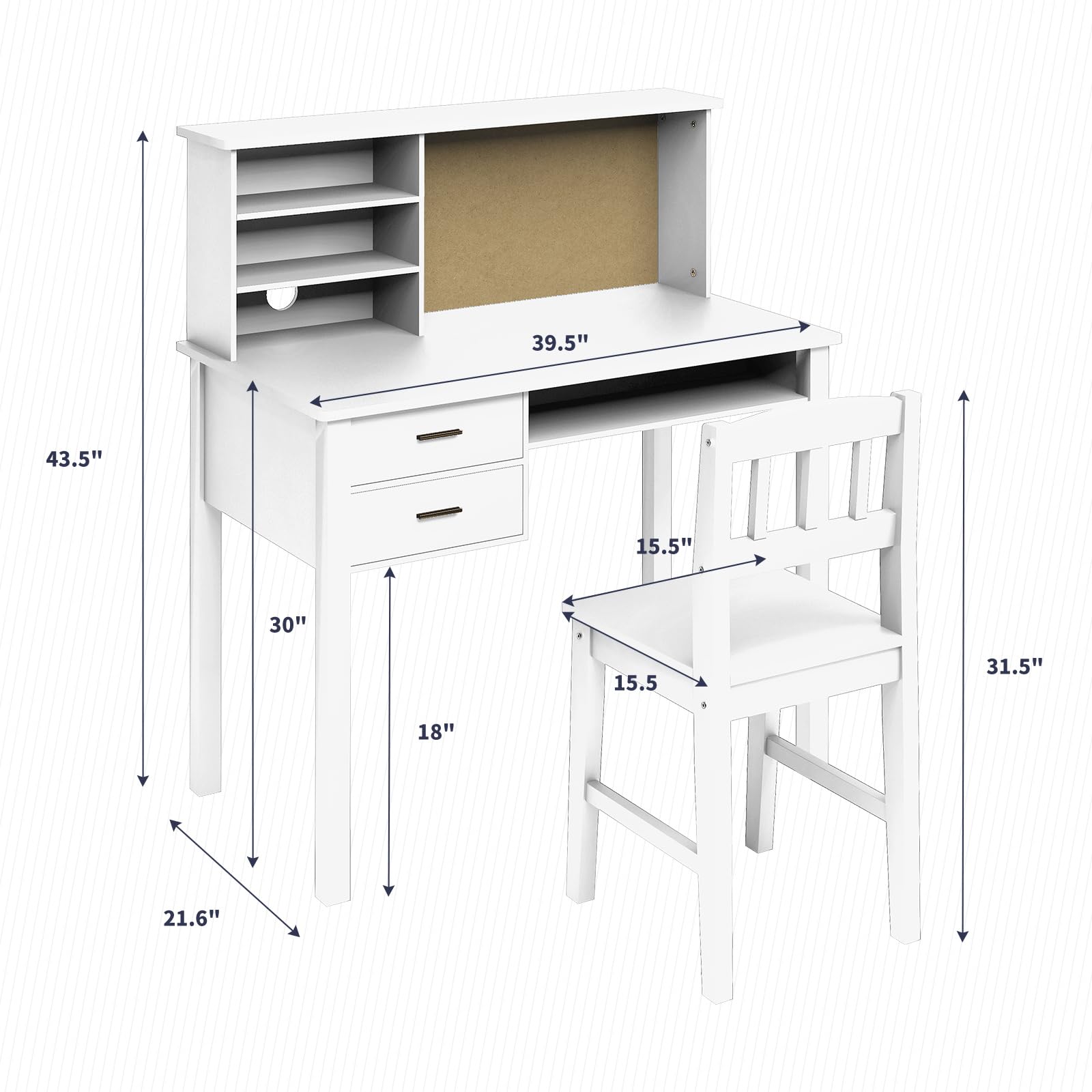 ijuicy Kids Desk and Chair Set, Kid Study Desk with Hutch & Cork Bulletin Board, Children's Wooden Study Desk with Storage Shelves & 2 Closed Drawers, Student Desk with Chair for Study, White