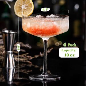 Qipecedm 4 Pcs Ribbed Coupe Glasses, 10 oz Vintage Cocktail Coupe Glasses Set, Unique Martini Glass, Classic Cocktail Galssware, Bar Drinking Glasses Set Pefect for Cocktail, Wine, Champagne & Gift