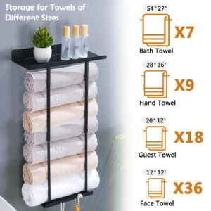 Klapber Metal Towel Rack Wall Mounted Towel Holder for Bathroom Wall, Black Bath Towel Racks for Bathroom Towel Storage Rack with Hanging Hooks & Shelve for Rolled Towel Organizer Modern Towel Shelf