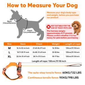 Retractable No-Pull Dog Harness, Auto-Stop Rope for Safety Use, Adjustable Reflective Oxford Easy Control,for 15-33 LBS Medium/Large Dogs Use(Orange)