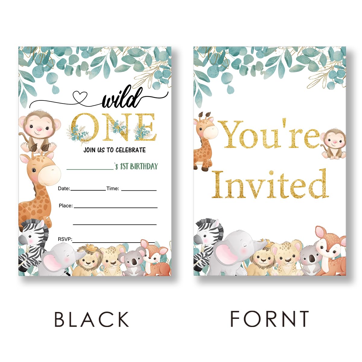 EUDOSI Wild One 1st Birthday Party Invitations Supplies Fill-In Set of 20 with Envelopes Jungle Animals 1st Birthday Bash Invites Cards, Double Sided