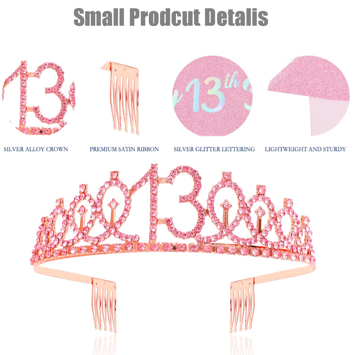 13th Birthday Candle Sash and Tiara Sets,It's My 13th Birthday Sash Rhinestone Crown Happy Birthday Cake Topper 32inch Foil Balloon for Girls 13th Birthday Gift Party Decorations Supplies (Rose 13th)