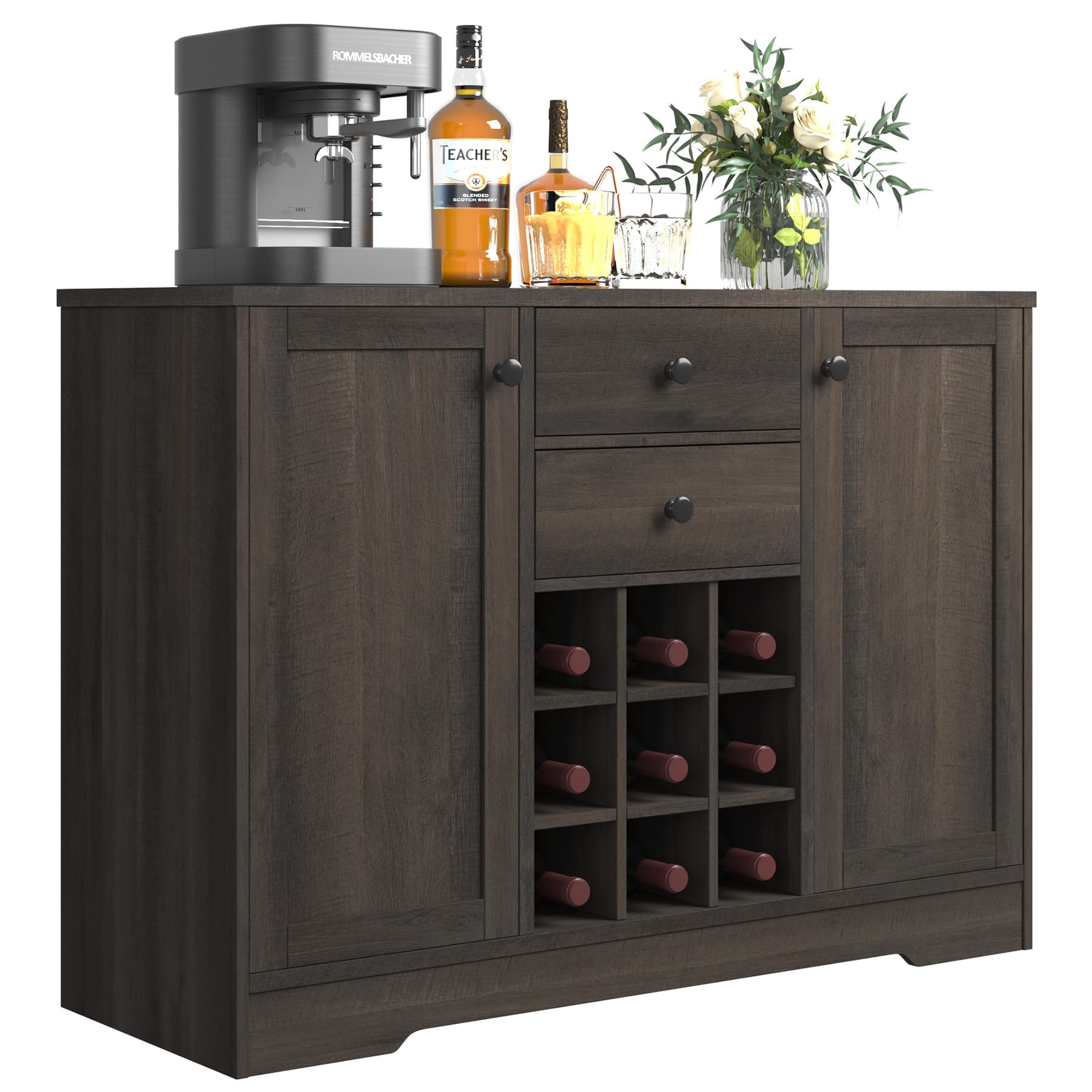 BOTLOG Buffet Sideboard Bar Cabinet with Storage, Farmhouse Coffee Bar Cabinet with 2 Drawers and Adjustable Shelves, 43.3’ Kitchen Buffet Storage Cabinet for Kitchen, Dining Room (Dark Brown)