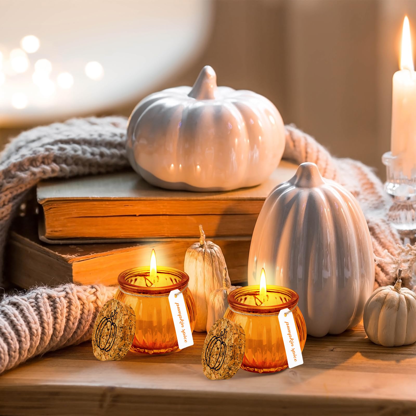 MTLEE 12 Pcs Pumpkin Candles Bulk Fall Thanksgiving Scented Candles Pumpkin Tealight Table Centerpieces with Signs Stickers for Thanksgiving Fall Room Home Decor