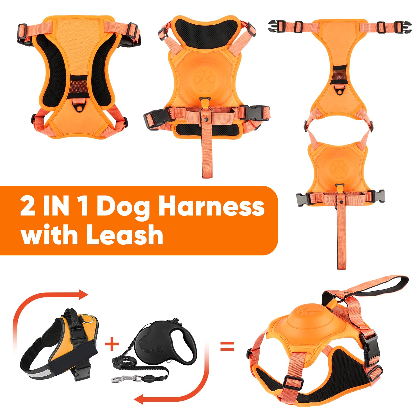 Retractable No-Pull Dog Harness, Auto-Stop Rope for Safety Use, Adjustable Reflective Oxford Easy Control,for 15-33 LBS Medium/Large Dogs Use(Orange)