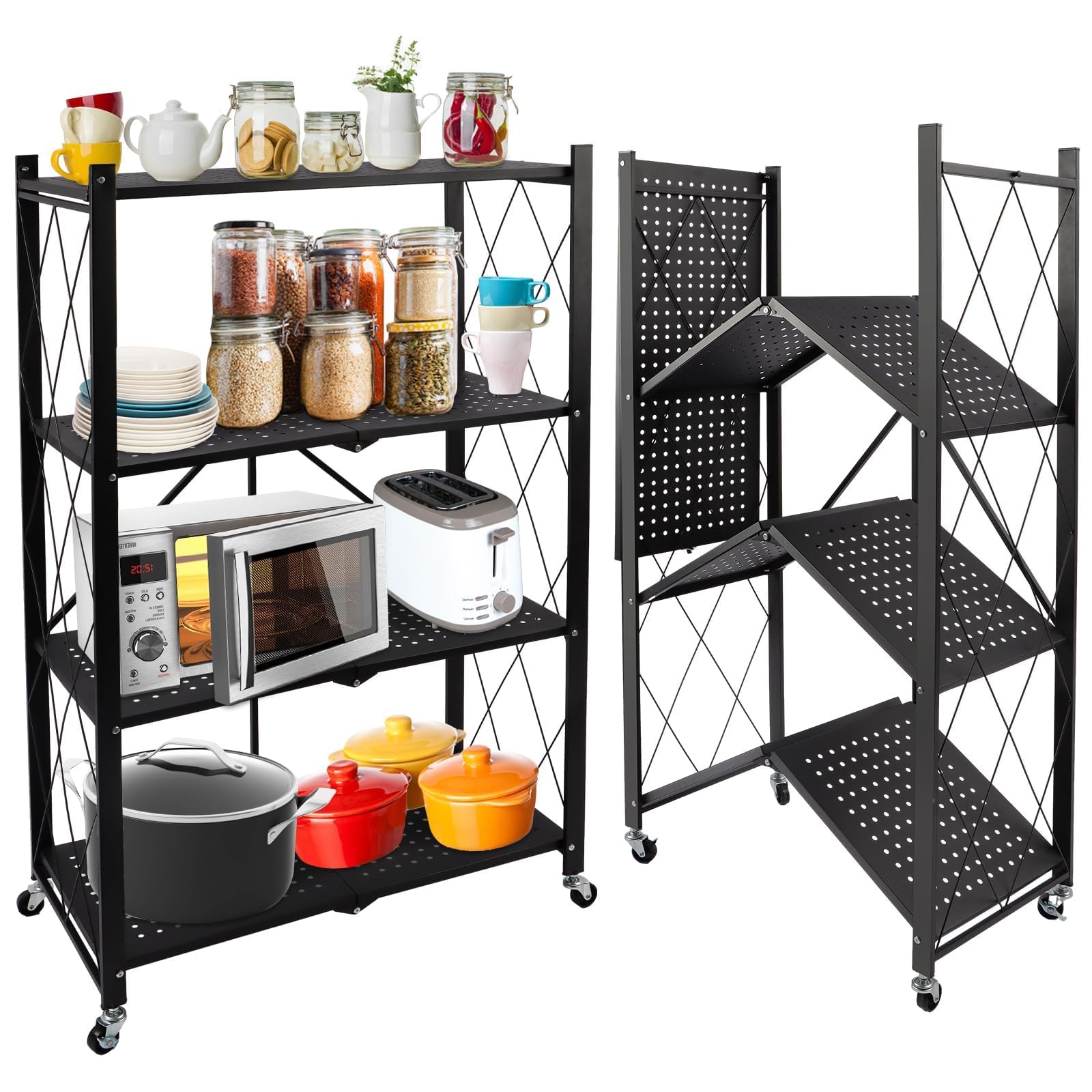 Lanstics 4 Tier Foldable Folding Shelves Heavy Duty Storage Shelving with Wheels Metal Shelf Standing Shelves Units for Home Kitchen Living Room Black