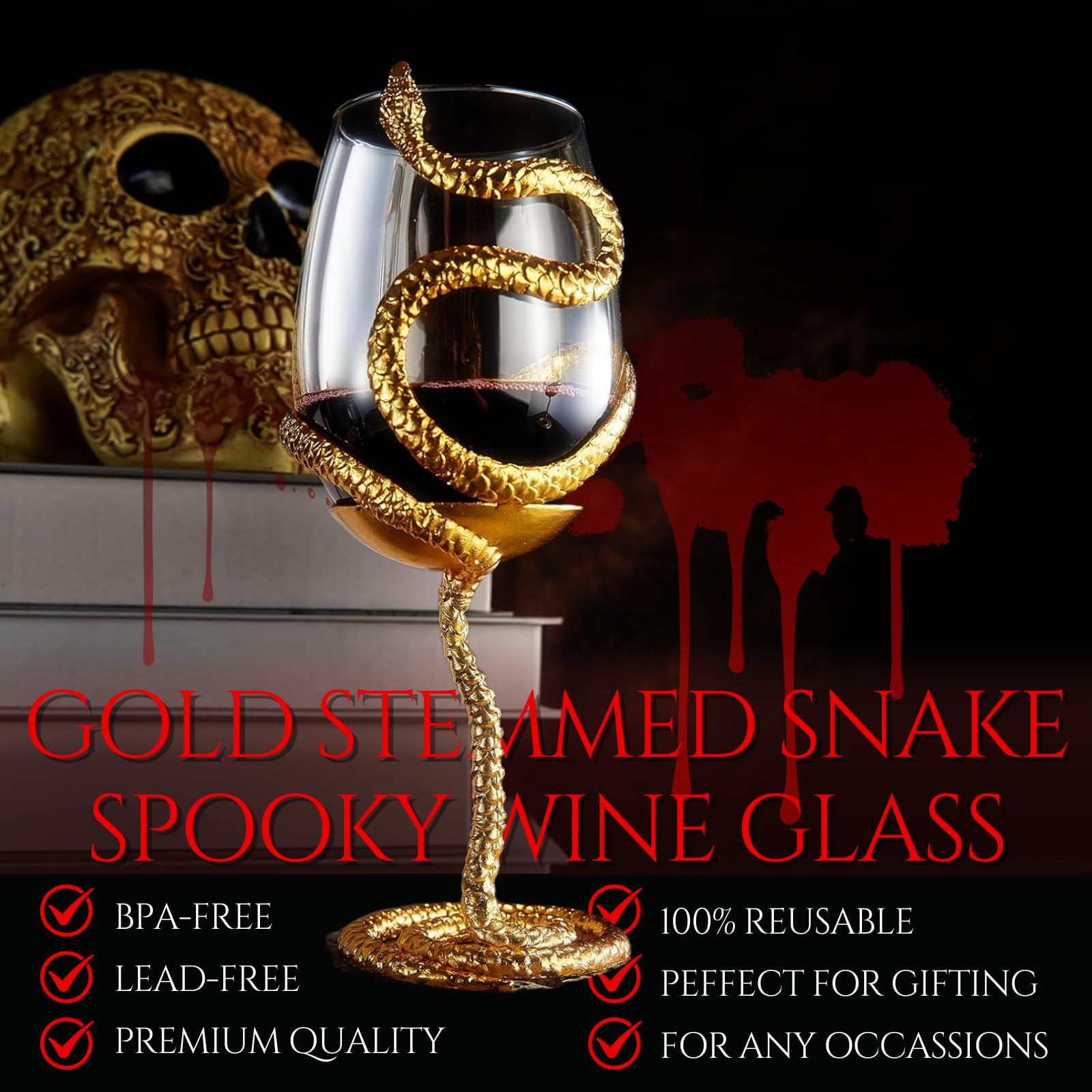 Stemmed Snake Wine Glass | SINGLE | 19oz Spooky Reptile Glasses 10" H, Gifts, Skeleton Gifts, Skeleton Decor, Spooky Wine Gift Set, Perfect for Themed Parties (Gold)