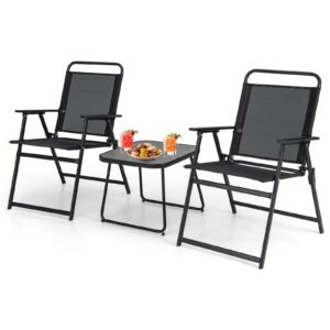 tangkula 3 piece patio folding bistro set, 2 folding chairs with coffee table, breathable fabric & heavy-duty metal frame, outdoor portable folding chair set for backyard, poolside, balcony (black)