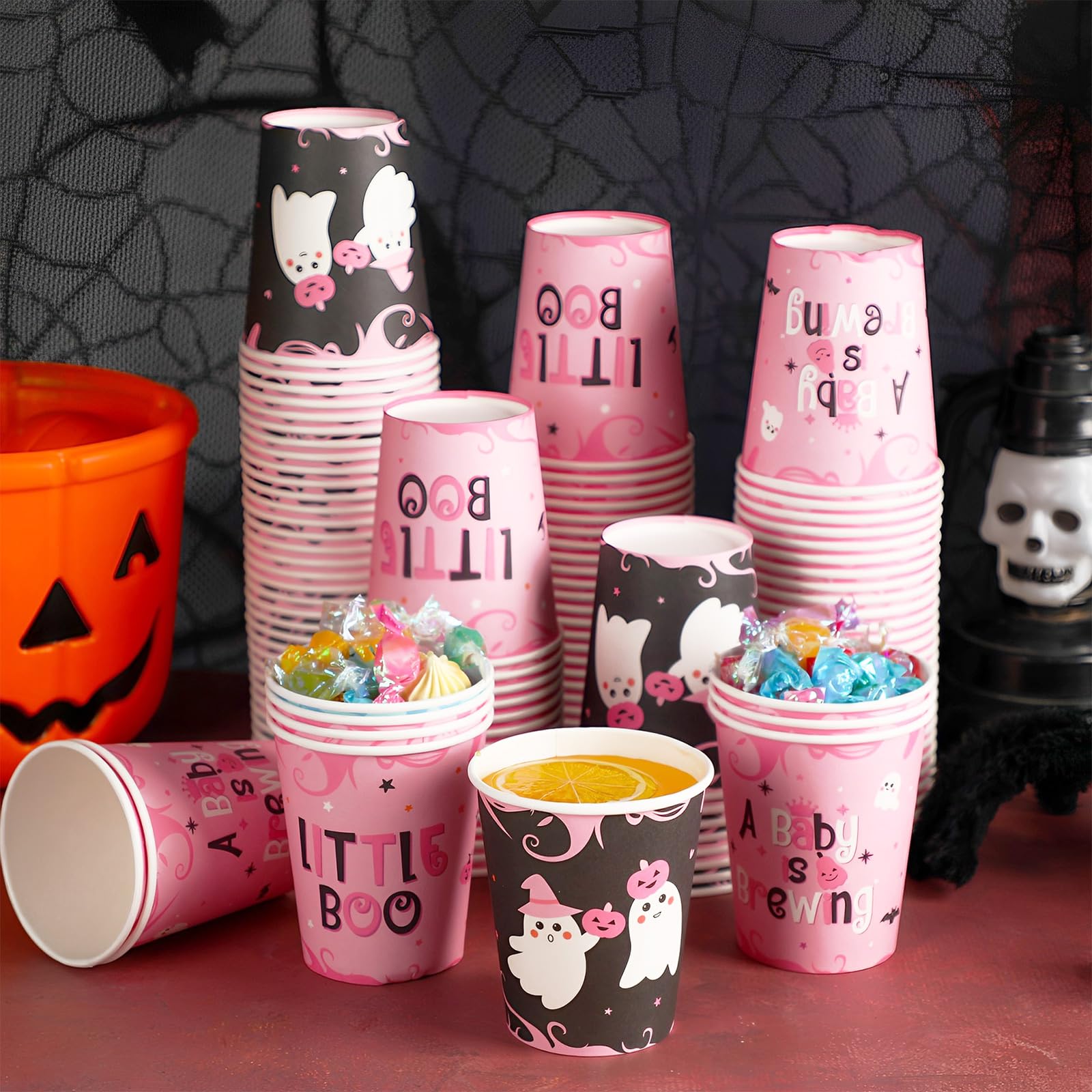 120 Pack Halloween Baby Shower Cups Disposable A Baby Is Brewing Cups Halloween Little Boo Baby Shower Decorations Halloween Gender Reveal Party Supplies Halloween Cups 9 oz for Adults(Pink)