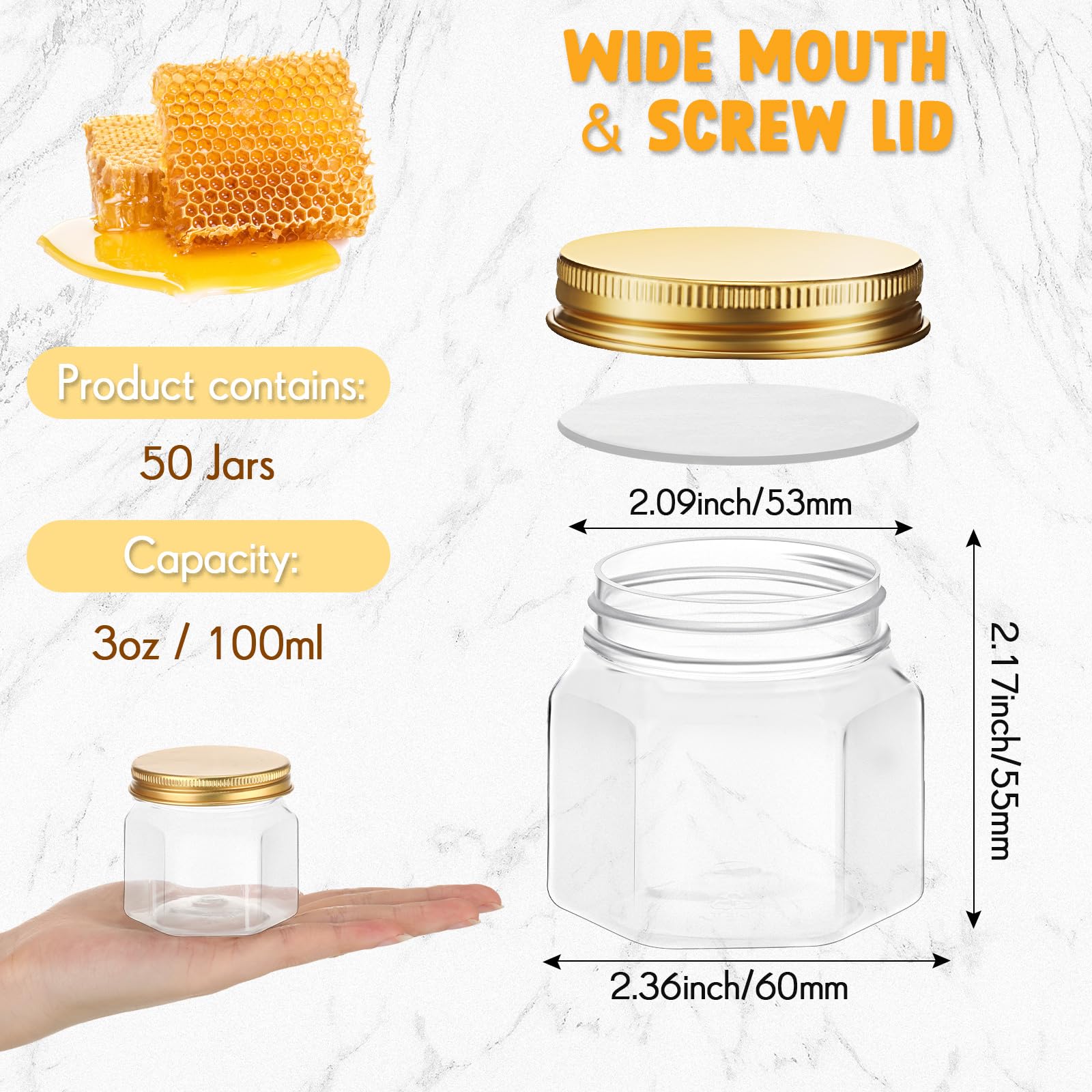 Dandat 50 Pcs 3 oz Hexagon Plastic Jars with Lids Mini Honey Jars Wide Mouth Canning Jars Small Spice Jars for Party Wedding Favors, Baby Shower, DIY Gift, Jelly, Herb, Jams, Candy (Gold)