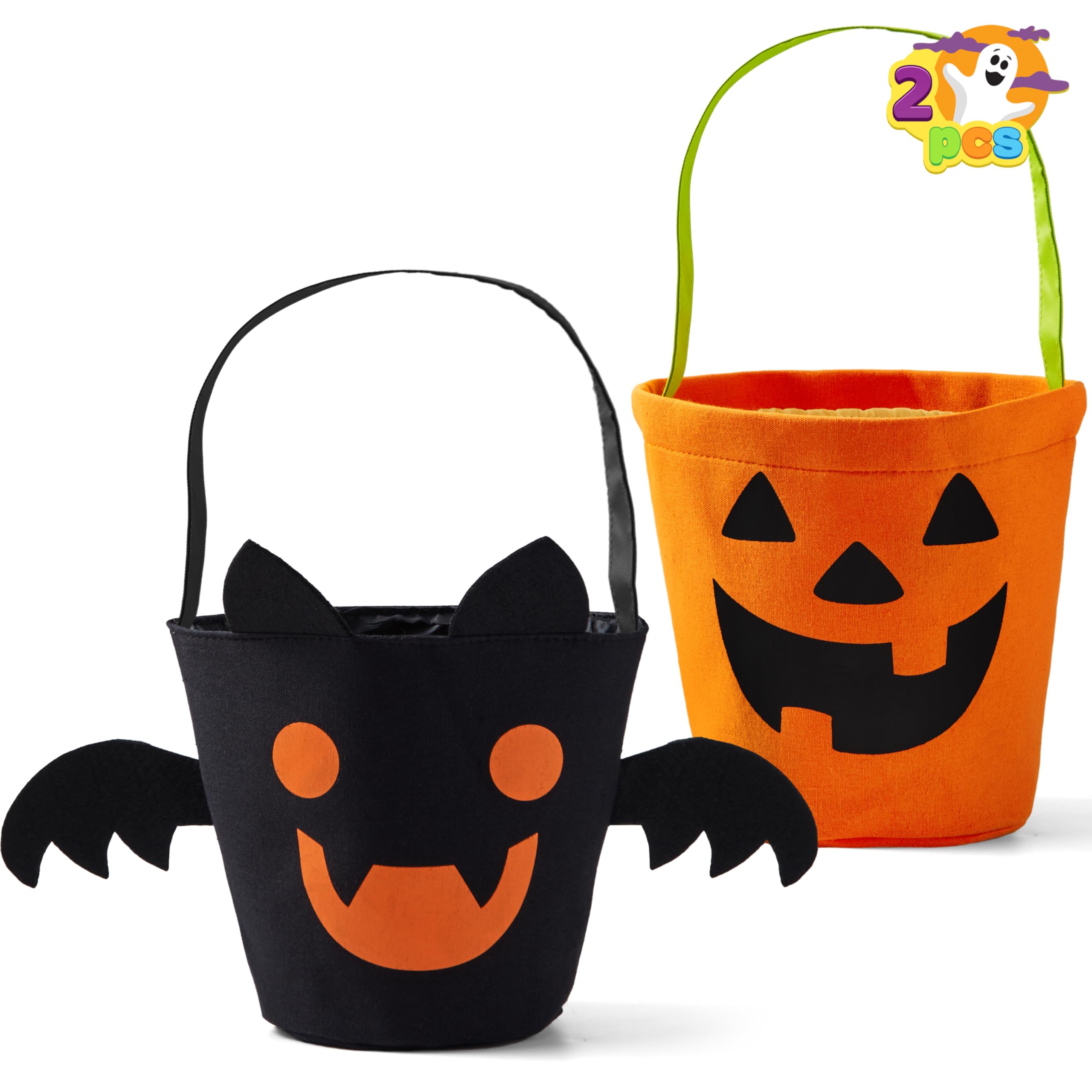 JOYIN 2 PCS Halloween Trick or Treat Bags, 6 X 9 Orange Pumpkin Candy Bucket for Trick or Treating, Black Reusable Bat Goody Tote Bucket, Portable Felt Baskets for Kids Halloween Party Favor Supplies