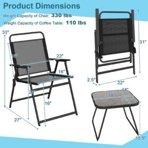 Tangkula 3 Piece Patio Folding Bistro Set, 2 Folding Chairs with Coffee Table, Breathable Fabric & Heavy-Duty Metal Frame, Outdoor Portable Folding Chair Set for Backyard, Poolside, Balcony (Black)