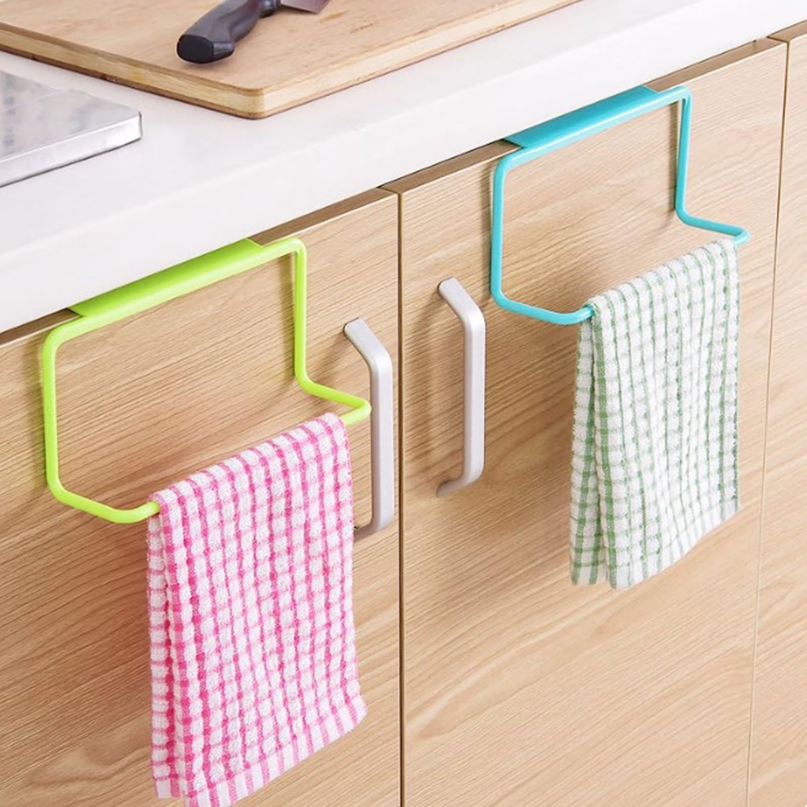 Typutomi 2Pcs Kitchen Cabinet Rag Towel Rack, No Punching Plastic Storage Hanging Rack Towel Bar Shelf Hand Towels Holder for Bathroom,Kitchen,Living Room(Blue&Green)