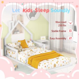 Floor Bed for Kids, Twin Size Montessori Bed with House Shape Headboard and Railings, Wood House Bed with Slats for Boys Girls, Low to Ground Height, No Box Spring Needed, White