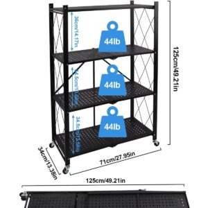 Lanstics 4 Tier Foldable Folding Shelves Heavy Duty Storage Shelving with Wheels Metal Shelf Standing Shelves Units for Home Kitchen Living Room Black