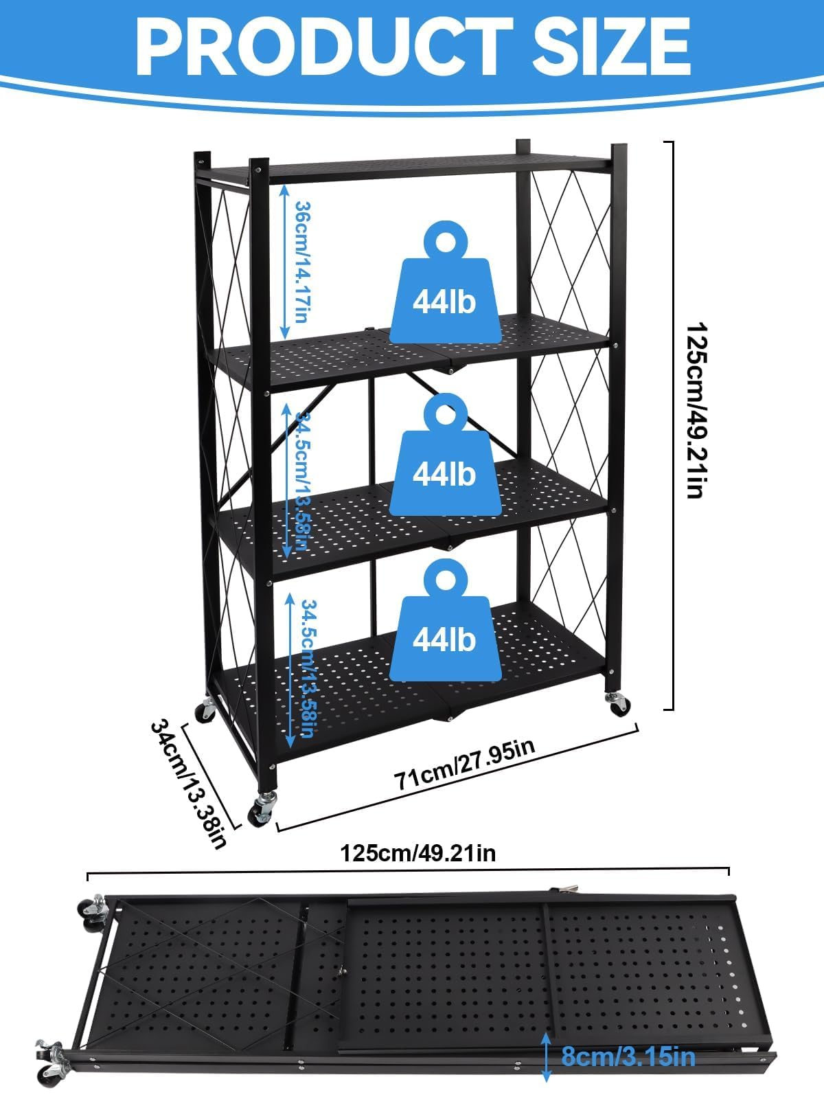 Lanstics 4 Tier Foldable Folding Shelves Heavy Duty Storage Shelving with Wheels Metal Shelf Standing Shelves Units for Home Kitchen Living Room Black