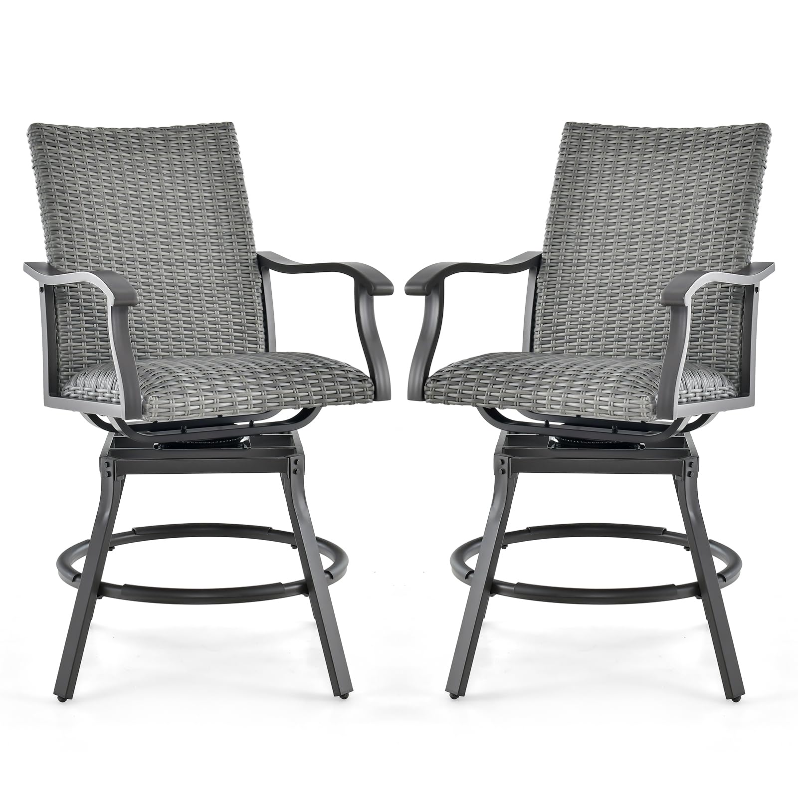 Tangkula Patio Swivel Bar Chairs Set of 2, Aluminum 360° Swiveling Bar Height Chair with 4D Air Fiber Quick Dry Cushion, Elegant PVC Rattan, Patio Bar Stools for Backyard, Poolside, Balcony (Mix Gray)