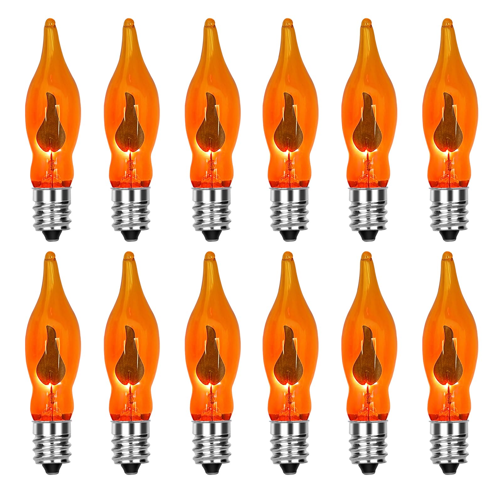 12 Pack Flicker Flame Light Bulbs, C18 Halloween Orange Flame Replacement Bulbs E12 Candelabra Base Light Bulbs for Electric Window Candles Halloween Indoor Outdoor String Lights , 1 Watt, 120 Volts