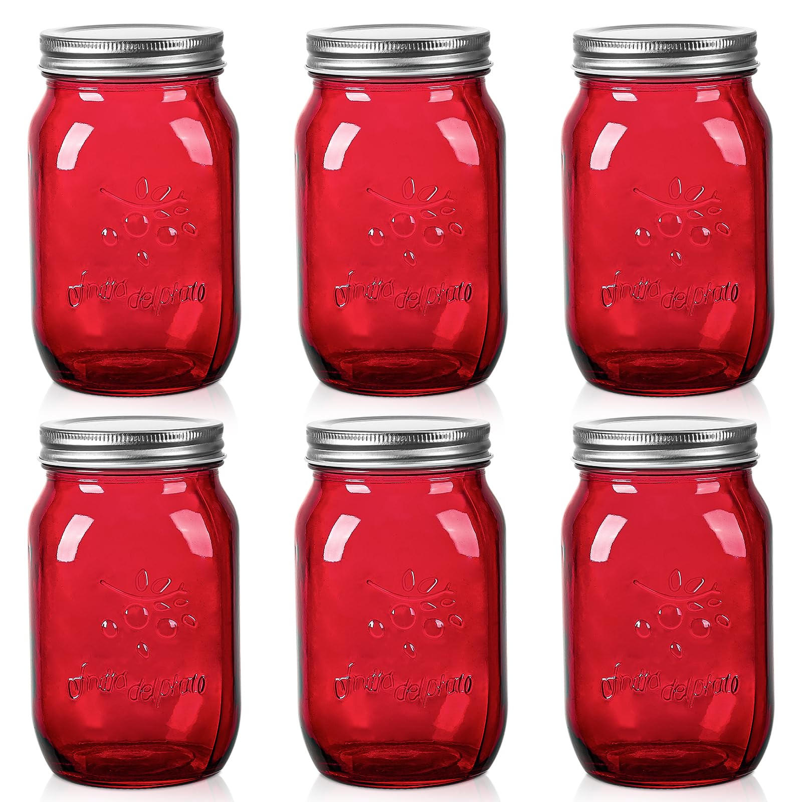 Amzcku 32oz Red Mason Jars with Lids, 6 Pack Wide Mouth Quart Canning Jar, Safe For Storage, Canning, Pickling, Preserving, Fermenting, DIY Crafts & Decor