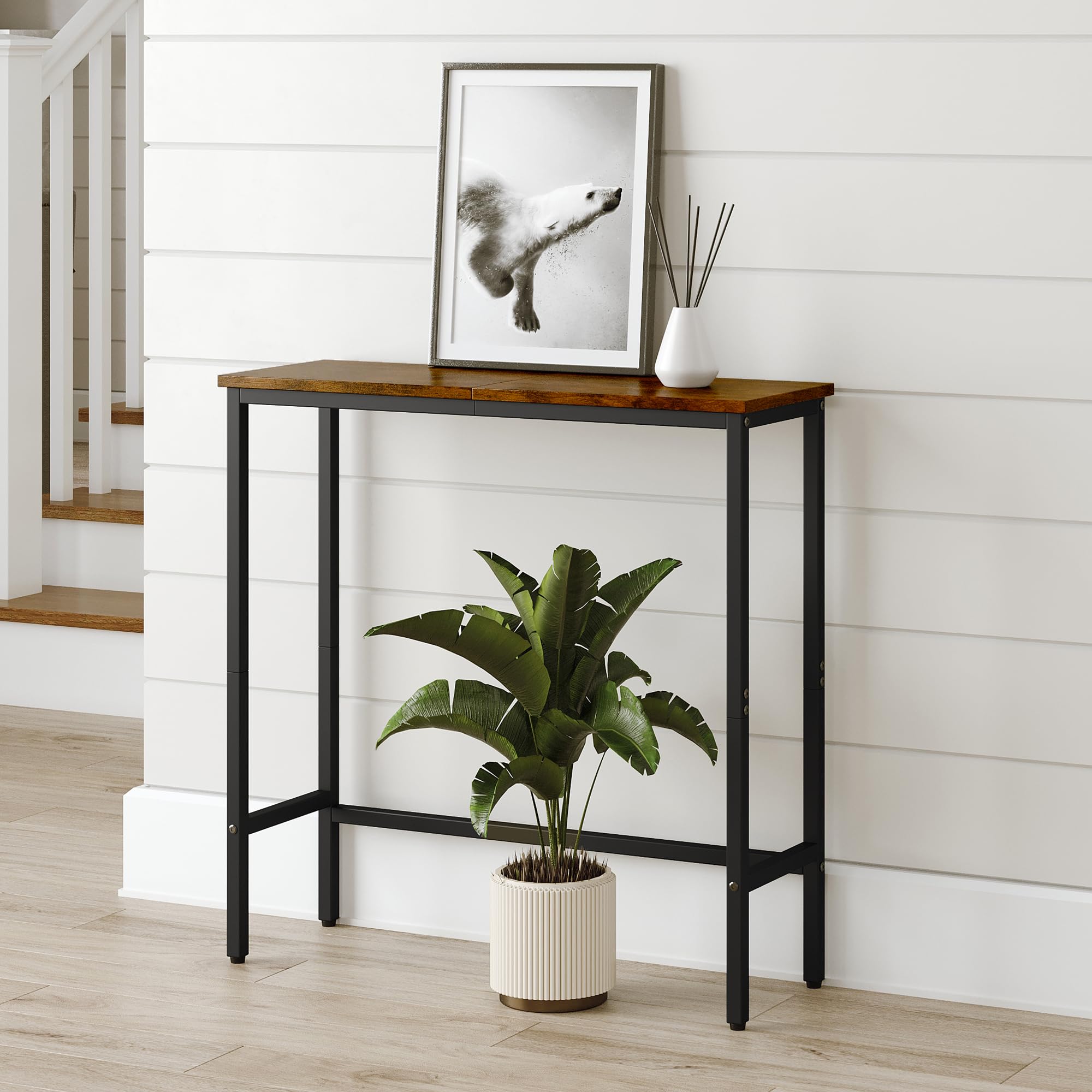 ELYKEN Small Console Table, 9.8" Dx29.6 Wx29.6 H Narrow Entryway Table Behind Sofa, Entry Table for Hallway, Bedroom, Living Room, Foyer, Rustic Brown