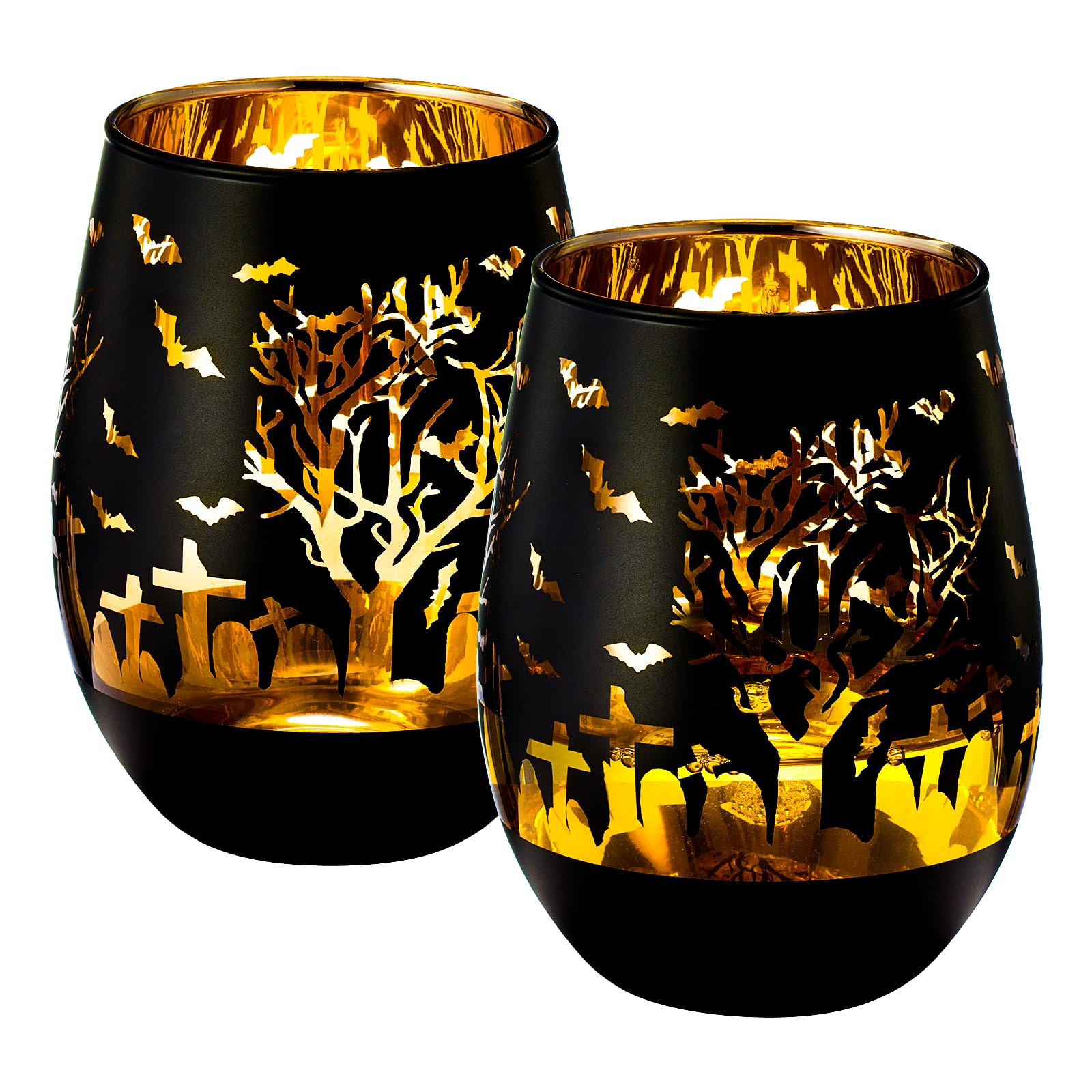 The Wine Savant Crystal Stemless Spooky Wine Glasses - Set of 2 - Themed Vibrant Black & Gold Spooky Ghost Pattern Frosted Glass, Themed Gothic Parties, Graveyard Black Gifts (16 OZ)