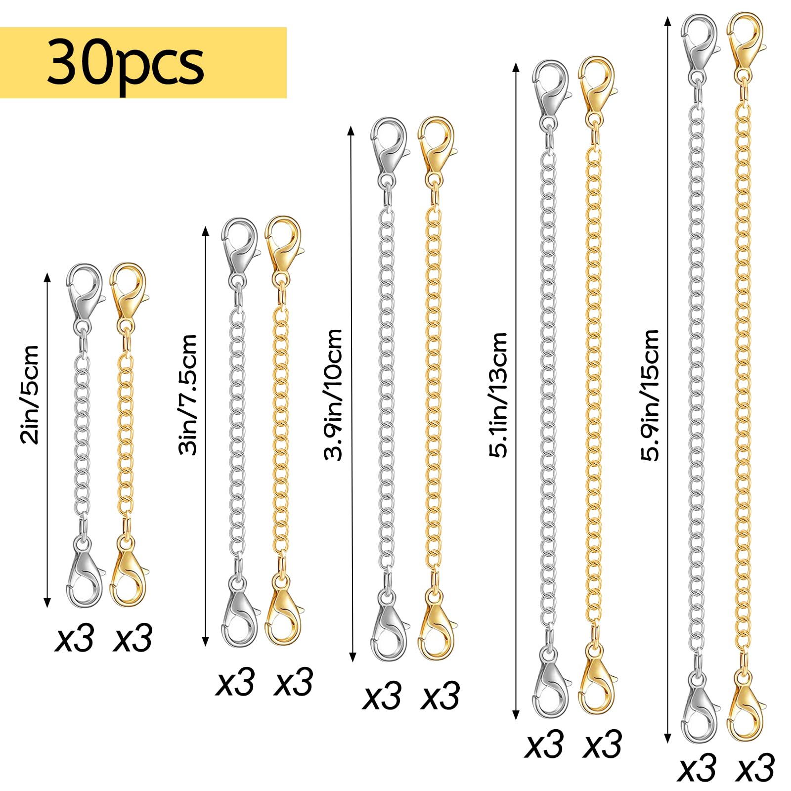 winee 30pcs Chain Extenders for Necklace, Necklace Extenders for Women Girls Bracelet Anklet Extender Stainless Steel Chain Extenders for Jewelry Making 2in 3in 4in 5in 6in (15 Gold, 15 Silver)