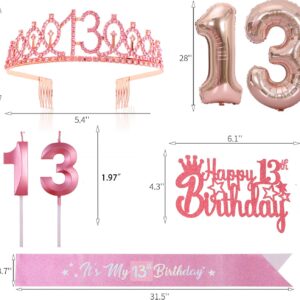 13th Birthday Candle Sash and Tiara Sets,It's My 13th Birthday Sash Rhinestone Crown Happy Birthday Cake Topper 32inch Foil Balloon for Girls 13th Birthday Gift Party Decorations Supplies (Rose 13th)