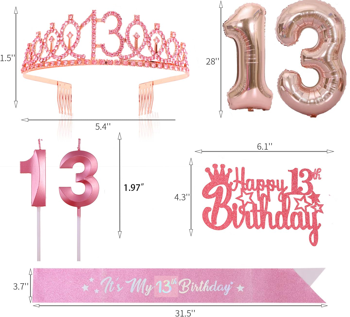 13th Birthday Candle Sash and Tiara Sets,It's My 13th Birthday Sash Rhinestone Crown Happy Birthday Cake Topper 32inch Foil Balloon for Girls 13th Birthday Gift Party Decorations Supplies (Rose 13th)