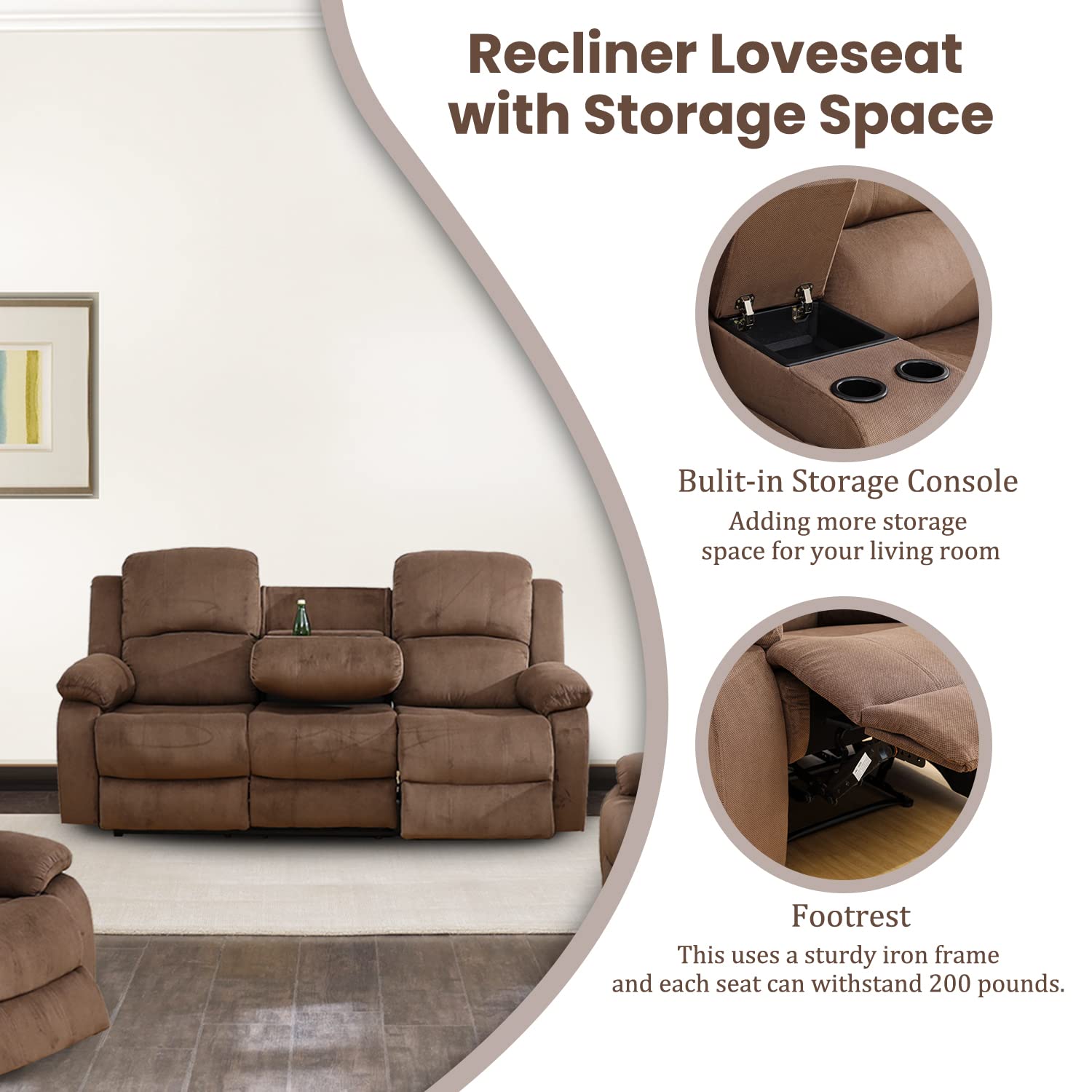 Plithzy Recliner Couch for Living Room, 73" Reclining Sofa Corduroy Fabric, Manaul Recliner Loveseat with Console Storage and Cup Holders (Loveseat, Brown)