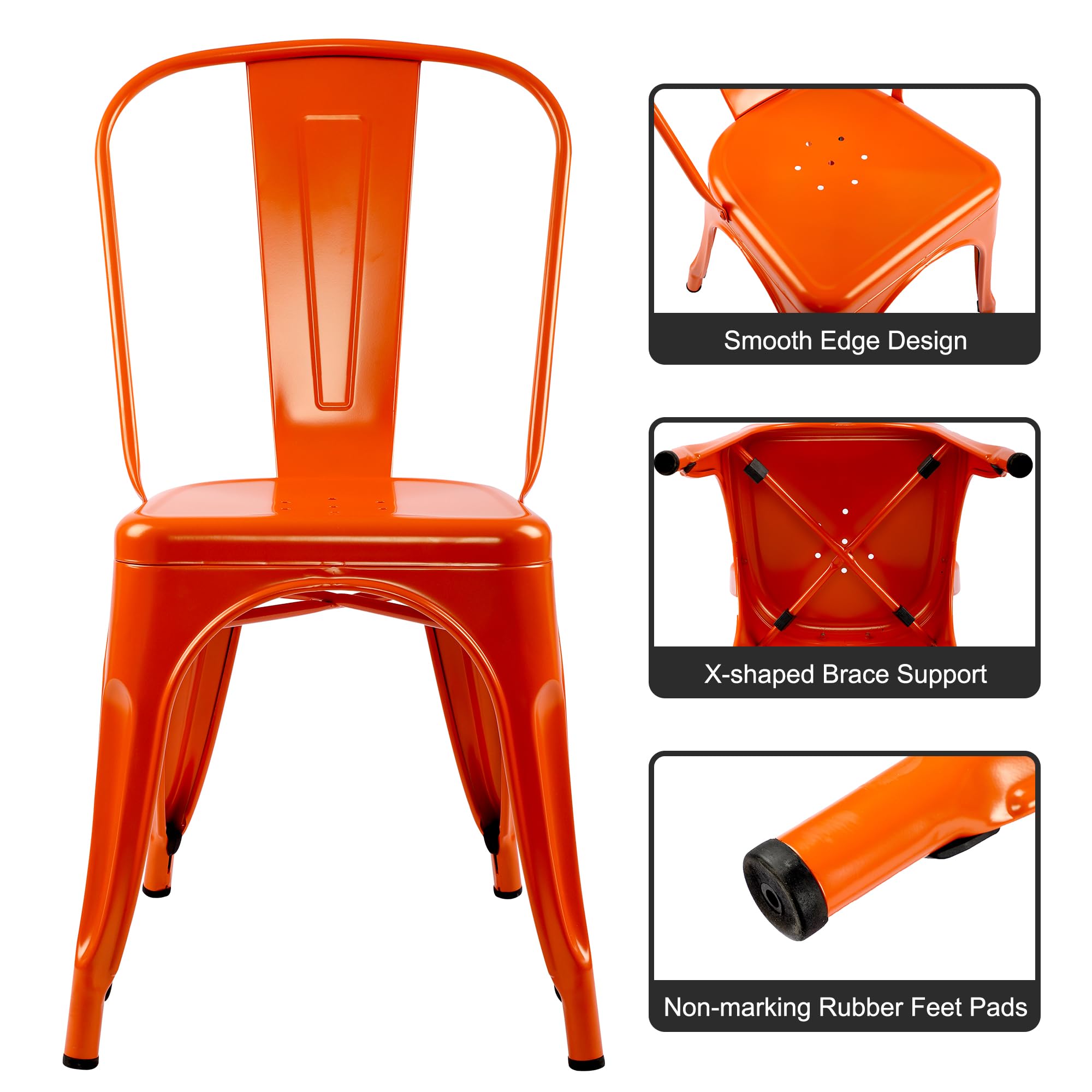 LSSBOUGHT Patio Dining Chairs Set of 4 Metal Chairs Indoor Outdoor Chairs Stackable Chairs for Kitchen, Dining Room, Bistro and Cafe (Orange)