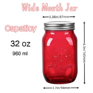 Amzcku 32oz Red Mason Jars with Lids, 6 Pack Wide Mouth Quart Canning Jar, Safe For Storage, Canning, Pickling, Preserving, Fermenting, DIY Crafts & Decor