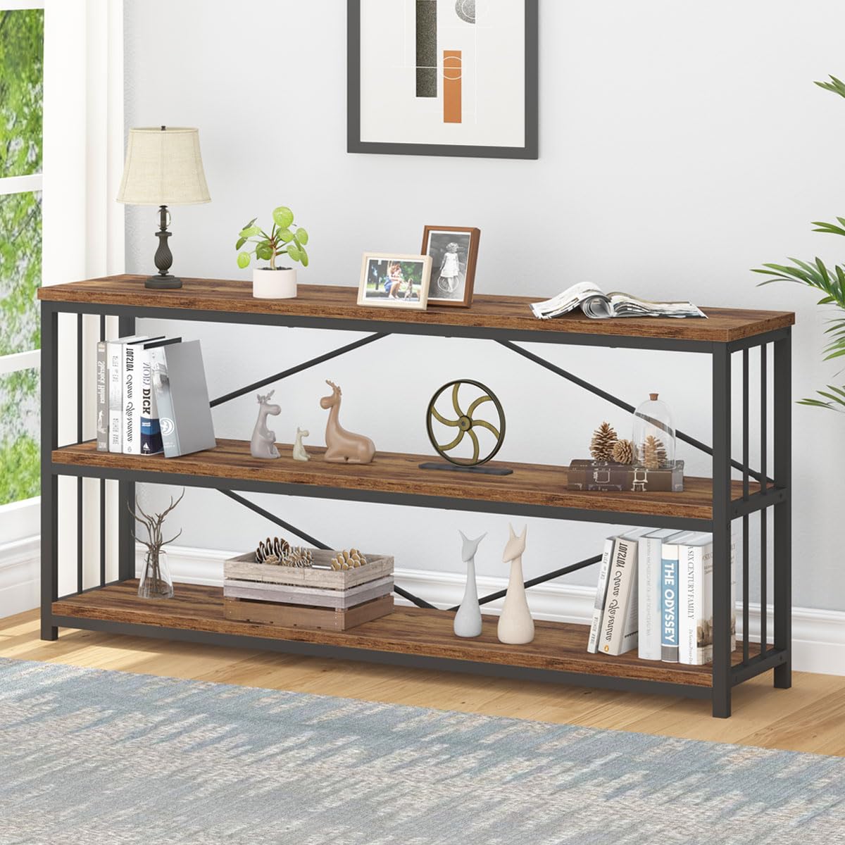 IBF Low Rustic 3 Tier Bookshelf, Industrial Horizontal Wood Bookcase, Farmhouse Long Wide Open Metal Etagere, Modern Large Vintage Book Shelf for Home Office Bedroom Living Room, Rustic Brown, 63 Inch