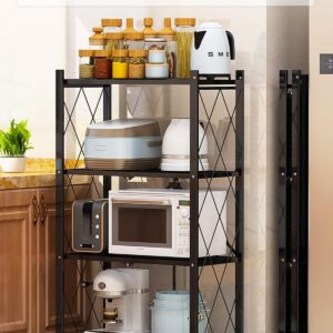 Lanstics 4 Tier Foldable Folding Shelves Heavy Duty Storage Shelving with Wheels Metal Shelf Standing Shelves Units for Home Kitchen Living Room Black