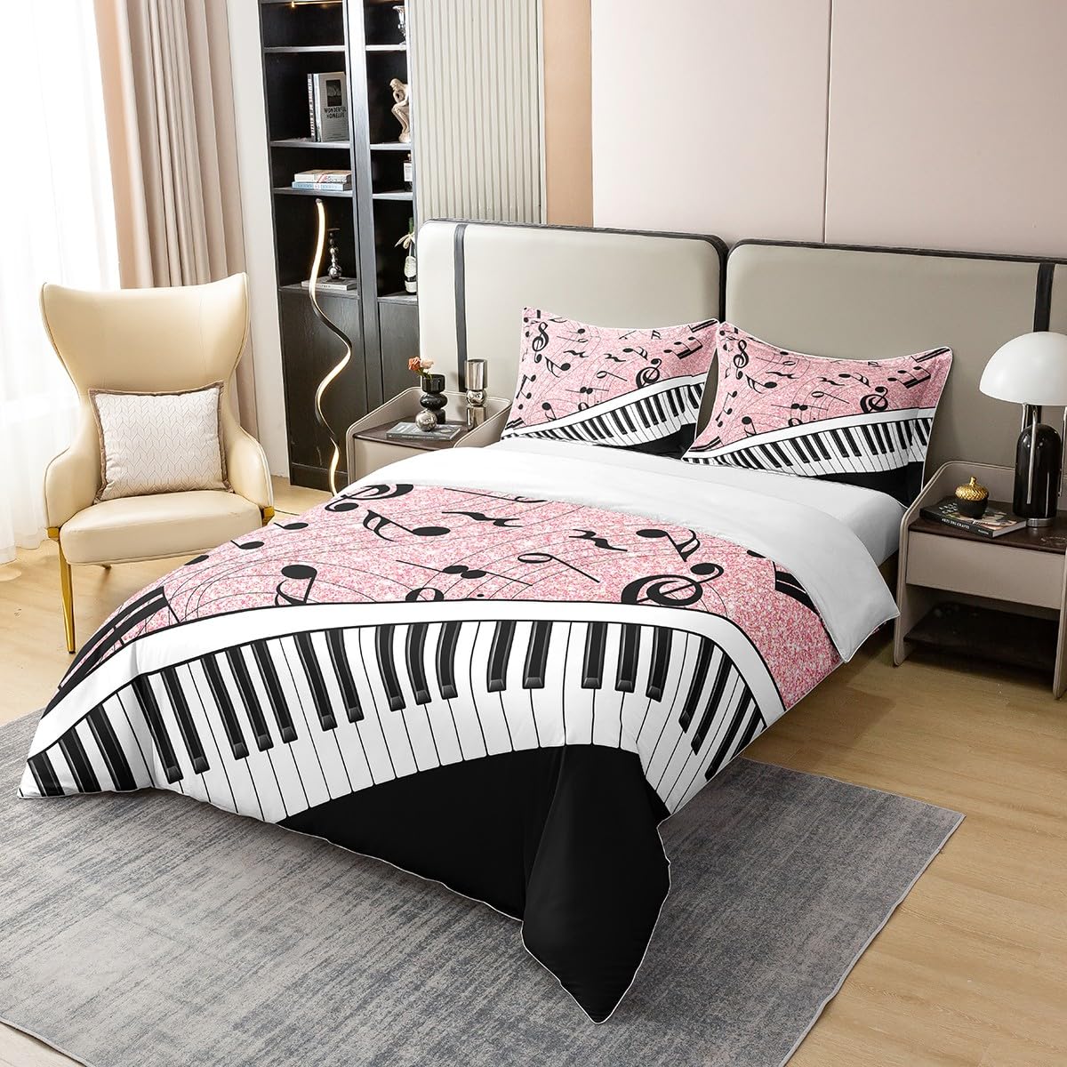 Twin Size Duvet Cover Music 100% Pure Cotton Bedding Set Black Piano and Musical Note Bedding Set Pink Glitter Comforter Cover for Room Decor Twin Size 2 PCS