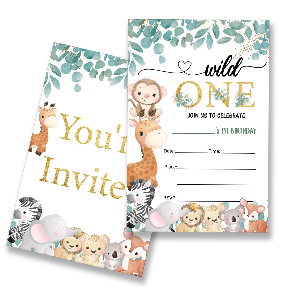 EUDOSI Wild One 1st Birthday Party Invitations Supplies Fill-In Set of 20 with Envelopes Jungle Animals 1st Birthday Bash Invites Cards, Double Sided