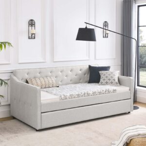 Antetek Daybed with Trundle, Fabric Upholstered Twin Size Day Bed Pull-Point Sofa Daybed Frame w/Twin Roll-Out Trundle, No Box Spring Needed, Furniture for Bedroom, Living Room, Guest Room, Beige