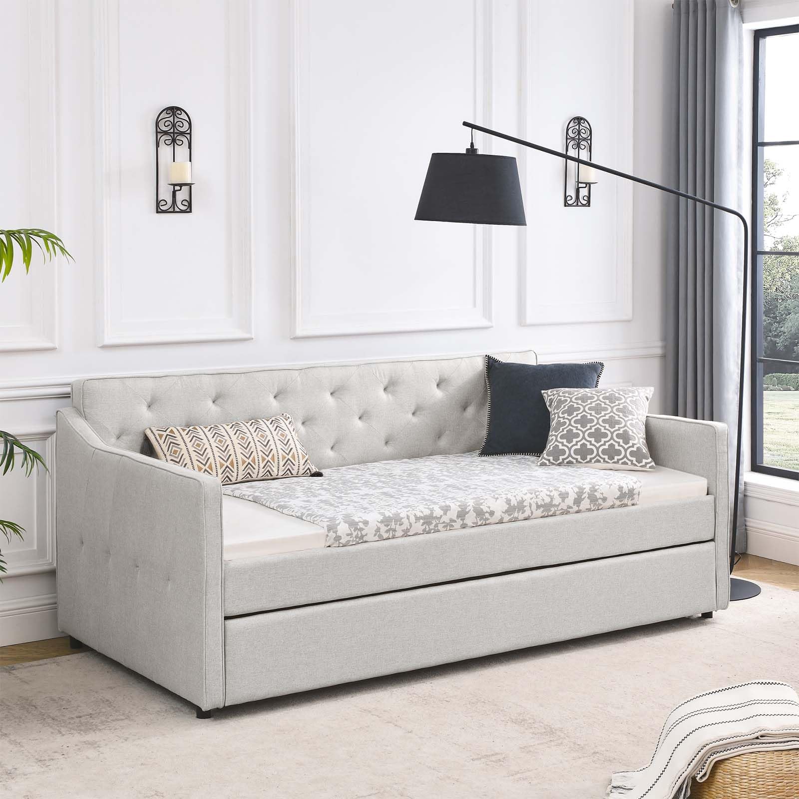 Antetek Daybed with Trundle, Fabric Upholstered Twin Size Day Bed Pull-Point Sofa Daybed Frame w/Twin Roll-Out Trundle, No Box Spring Needed, Furniture for Bedroom, Living Room, Guest Room, Beige