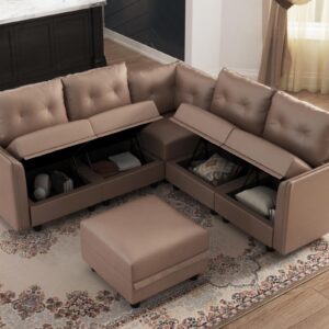 LLappuil Modular Sectional Sofa, Convertible L Shaped Sectional Couch with Storage, Faux Leather Fabric, Modular Sectionals with Chaise, 6 Seats Sofas for Living Room, Cognac Brown