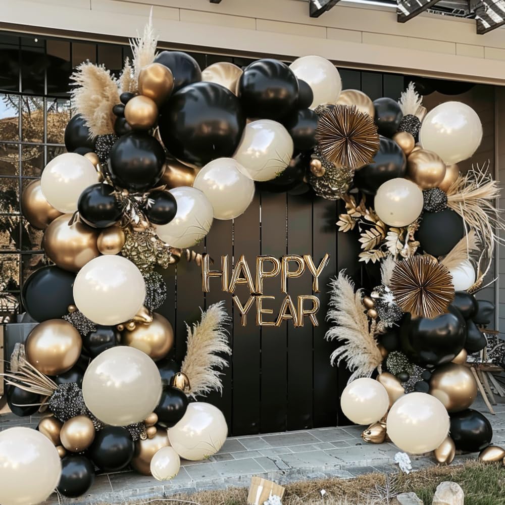 Black White Gold Balloon Garland Double Stuffed Pearl White Sand Balloons Champagne Metallic Gold Neutral Balloon Arch Kit For Birthday Graduation Wedding Bachelorette Halloween Party Decorations