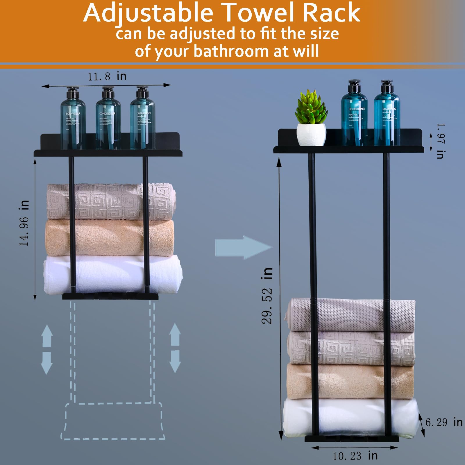 Klapber Metal Towel Rack Wall Mounted Towel Holder for Bathroom Wall, Black Bath Towel Racks for Bathroom Towel Storage Rack with Hanging Hooks & Shelve for Rolled Towel Organizer Modern Towel Shelf