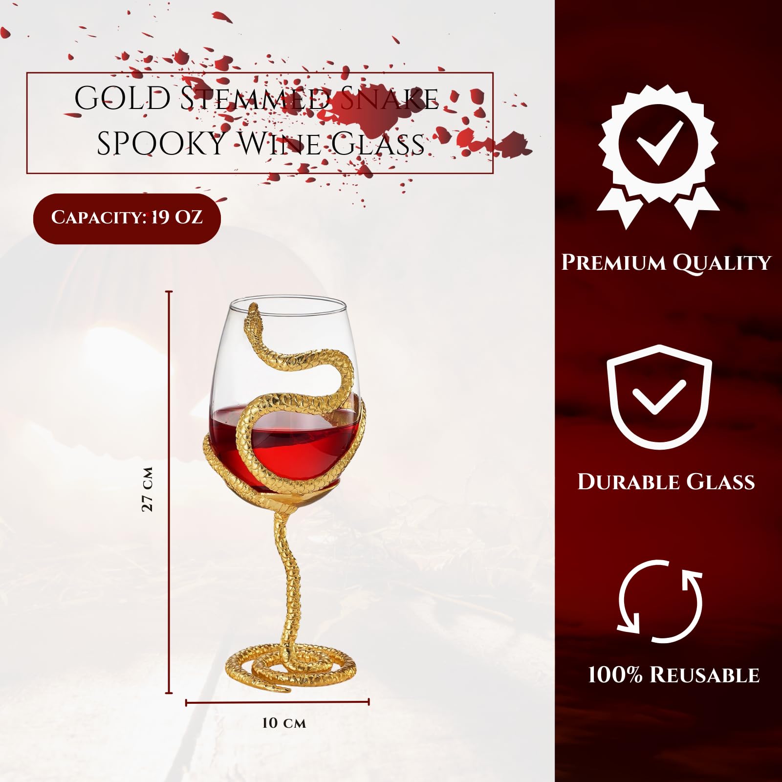 Stemmed Snake Wine Glass | SINGLE | 19oz Spooky Reptile Glasses 10" H, Gifts, Skeleton Gifts, Skeleton Decor, Spooky Wine Gift Set, Perfect for Themed Parties (Gold)