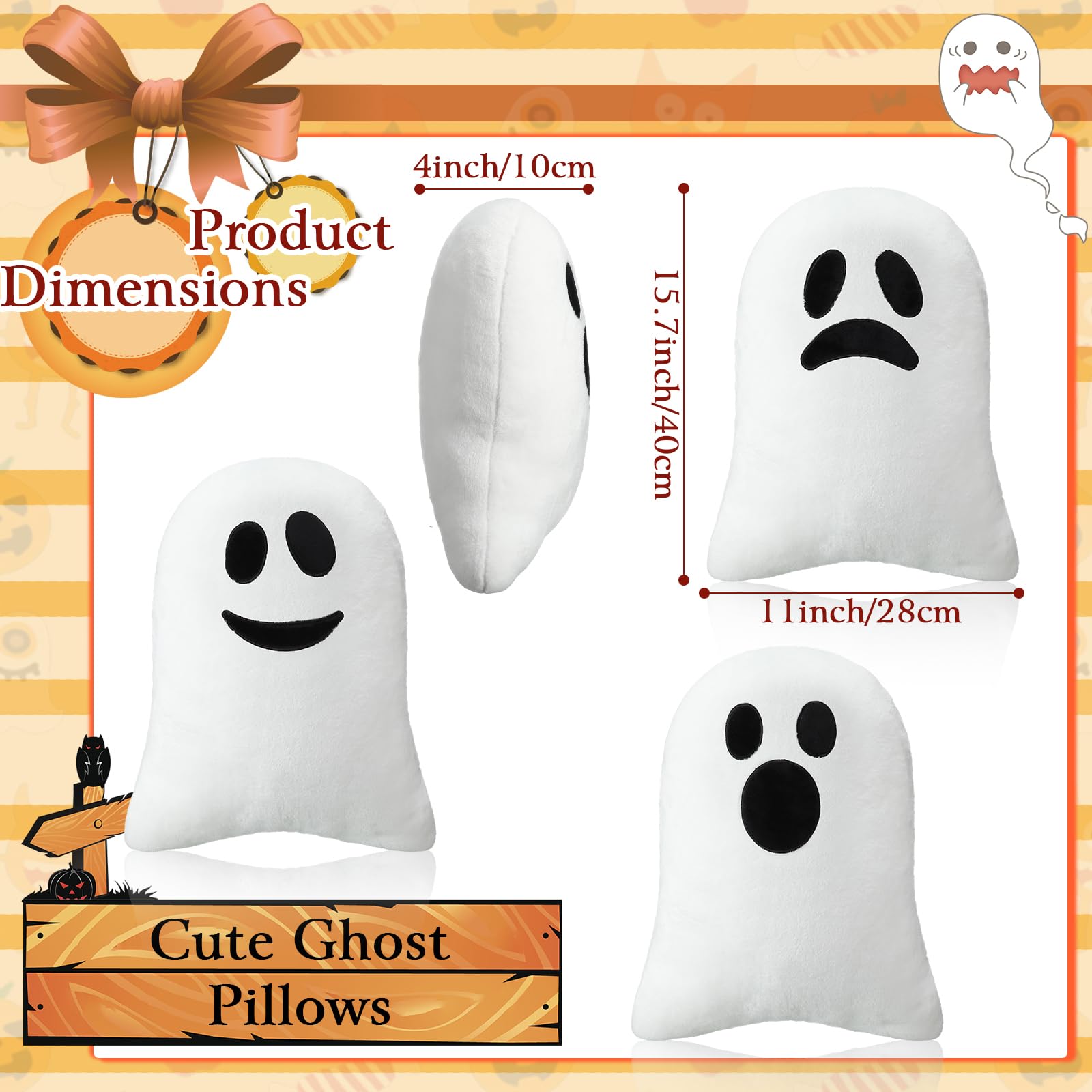 Tradder 3 Pcs Halloween Pillows Cute Ghost Shaped Pillow Halloween Decorative Throw Pillow 15.7'' Stuffed Ghost Fluffy Plush Pillow Soft Cute Throw Pillow for Halloween Home Party Decor Gift (Funny)