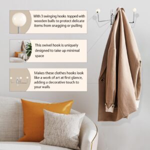 MetFun 2 Pack Decorative Coat Rack Hooks with Free Spinning 3 Wood Hooks Vertical Coat Rack Wall Mount Space-Saving Coat Hanger Hooks for Hanging Coat, Jacket, Bag, Hat, Scarf (White & Tan)