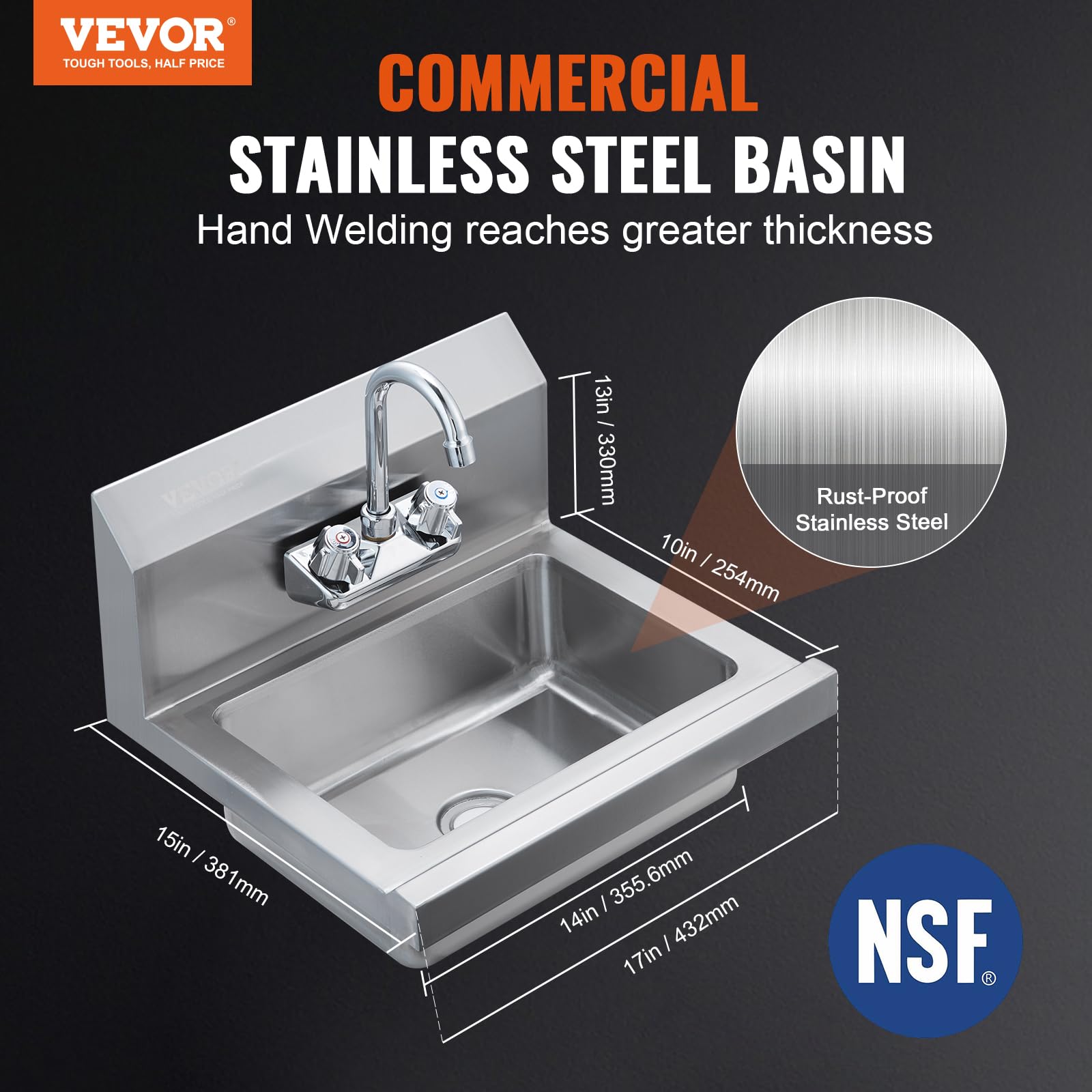 VEVOR Commercial Hand Sink with Faucet, NSF Stainless Steel Sink for Washing, Small Hand Washing Sink, Wall Mount Hand Basin, Utility Sink for Restaurant, Kitchen, Bar, Garage and Home, 17 x 15 inch