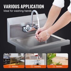 VEVOR Commercial Hand Sink with Faucet, NSF Stainless Steel Sink for Washing, Small Hand Washing Sink, Wall Mount Hand Basin, Utility Sink for Restaurant, Kitchen, Bar, Garage and Home, 17 x 15 inch