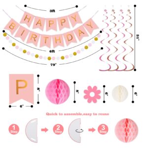 meowtastic Pink Birthday Decorations - Pink Happy Birthday Banner with Honeycomb Ball, Daisy Flower Hanging Swirl Streamer, Circle Dot Garland Decoration - Birthday Party Decoration for Women Girls