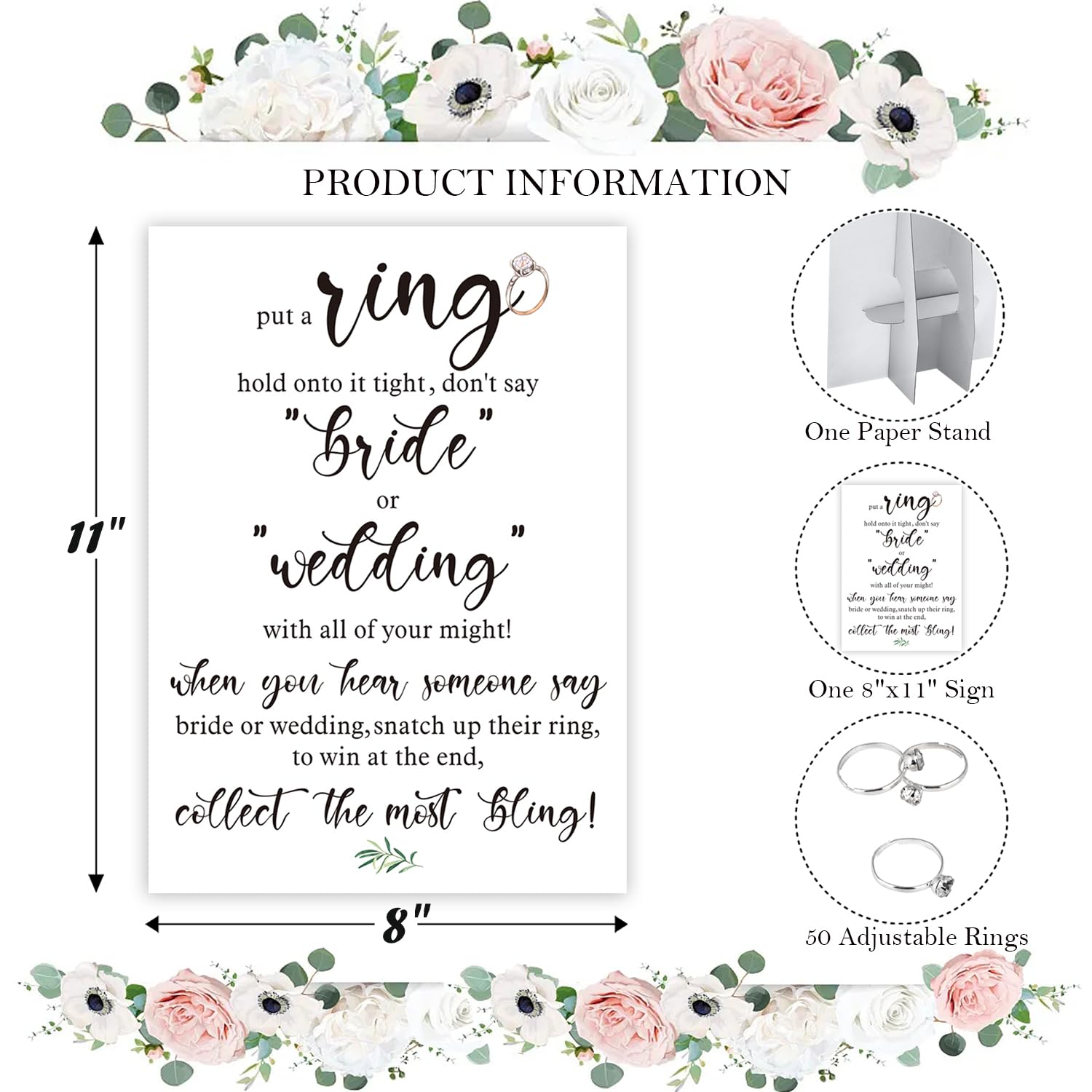 Don't say Bride or Wedding Game, Put a Ring on It Bridal Shower Game with 50 Fake Rings, Bridal Shower Decorations, Bachelorette Hens Party Game, Wedding Shower Supplies - 01