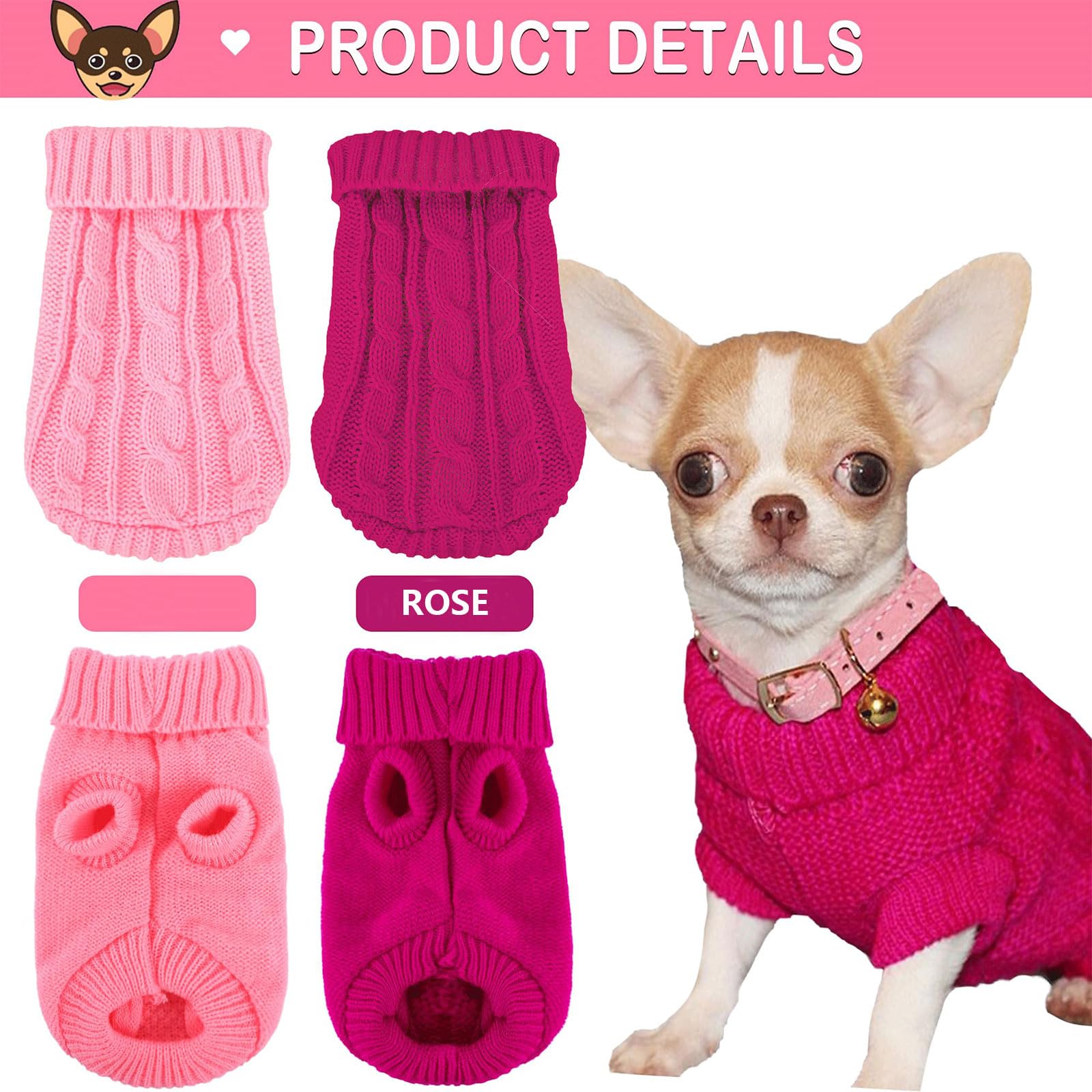 Kallfir's cutie XXS Dog Sweater, 2 Pieces Turtleneck Knitted Chihuahua Sweater Yorkie Teacup Dog Clothes Small Dogs Girl Winter Warm Sweaters Pet Cat Sweater Cold Weather Puppy Clothes XX-Small